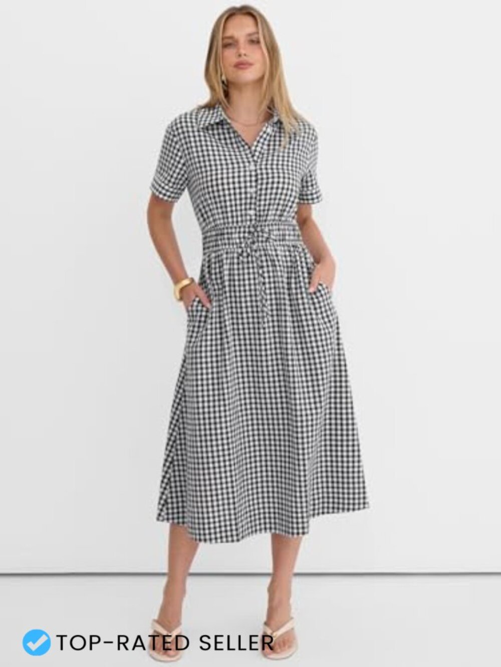 Striped Midi Dress Button Front A-Line Summer Rayon Shirt Dress Pockets - Picture 3 of 7